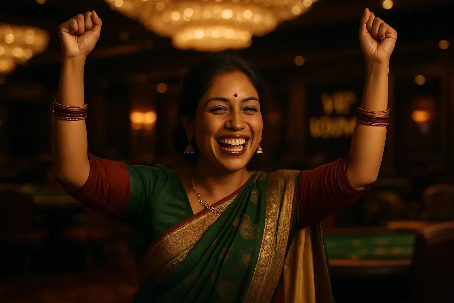 Joyful Bangladeshi woman in elegant attire celebrating in VIP casino lounge