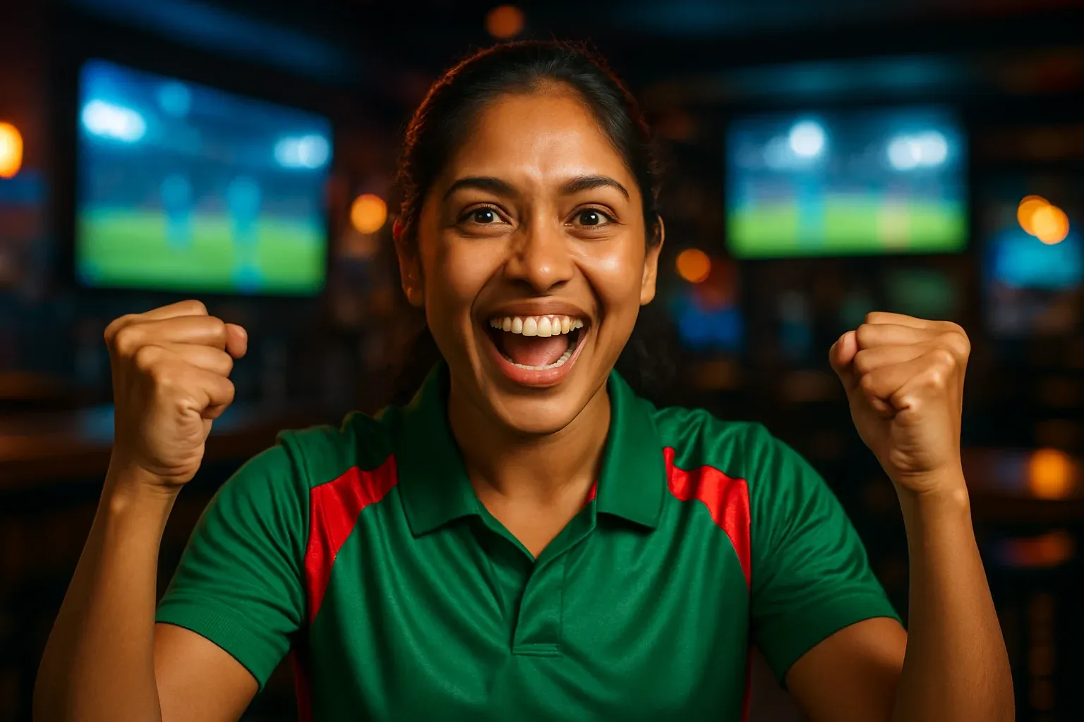 Enthusiastic Bangladeshi woman in cricket jersey celebrating with raised fists