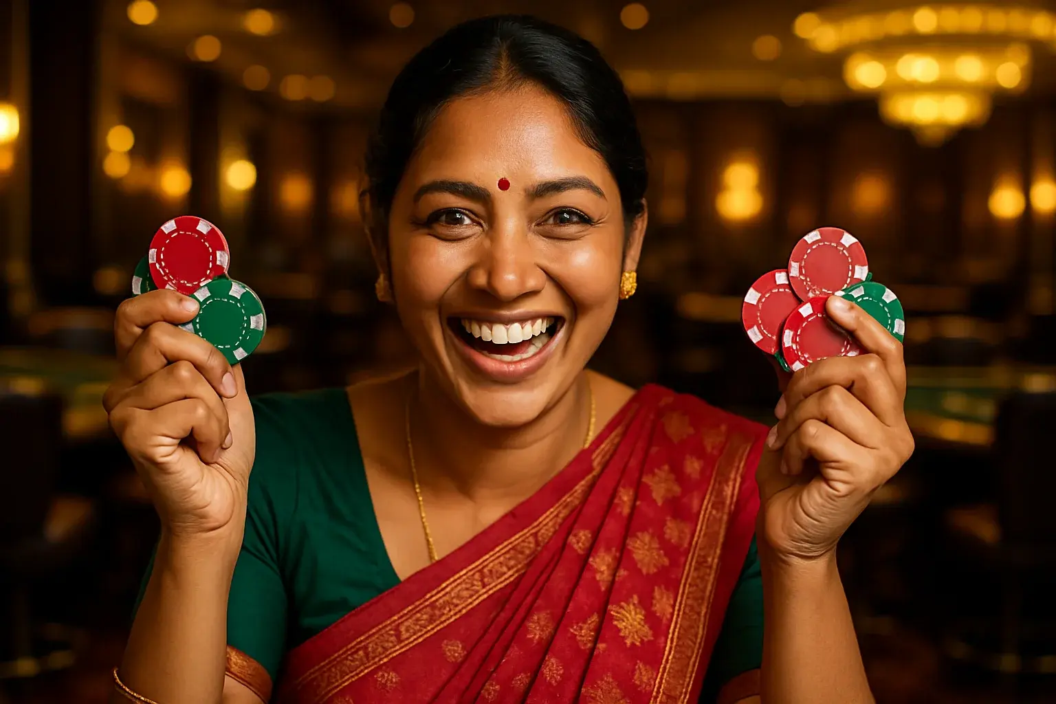 Joyful Bangladeshi woman holding casino chips in VIP lounge