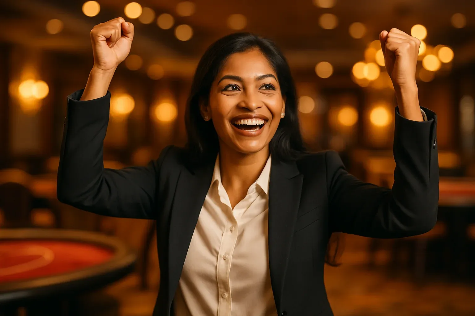 Elegant Bangladeshi businesswoman celebrating with raised arms in casino lounge