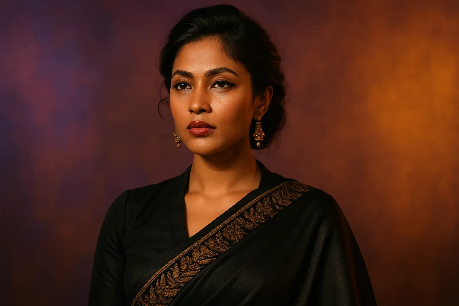 High-resolution portrait of stylish Bangladeshi woman on purple and gold gradient background