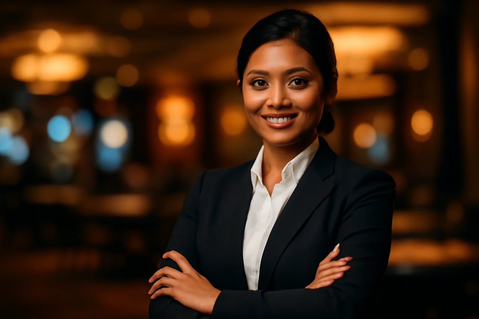 Elegant Bangladeshi businesswoman smiling in formal attire with warm casino bokeh background