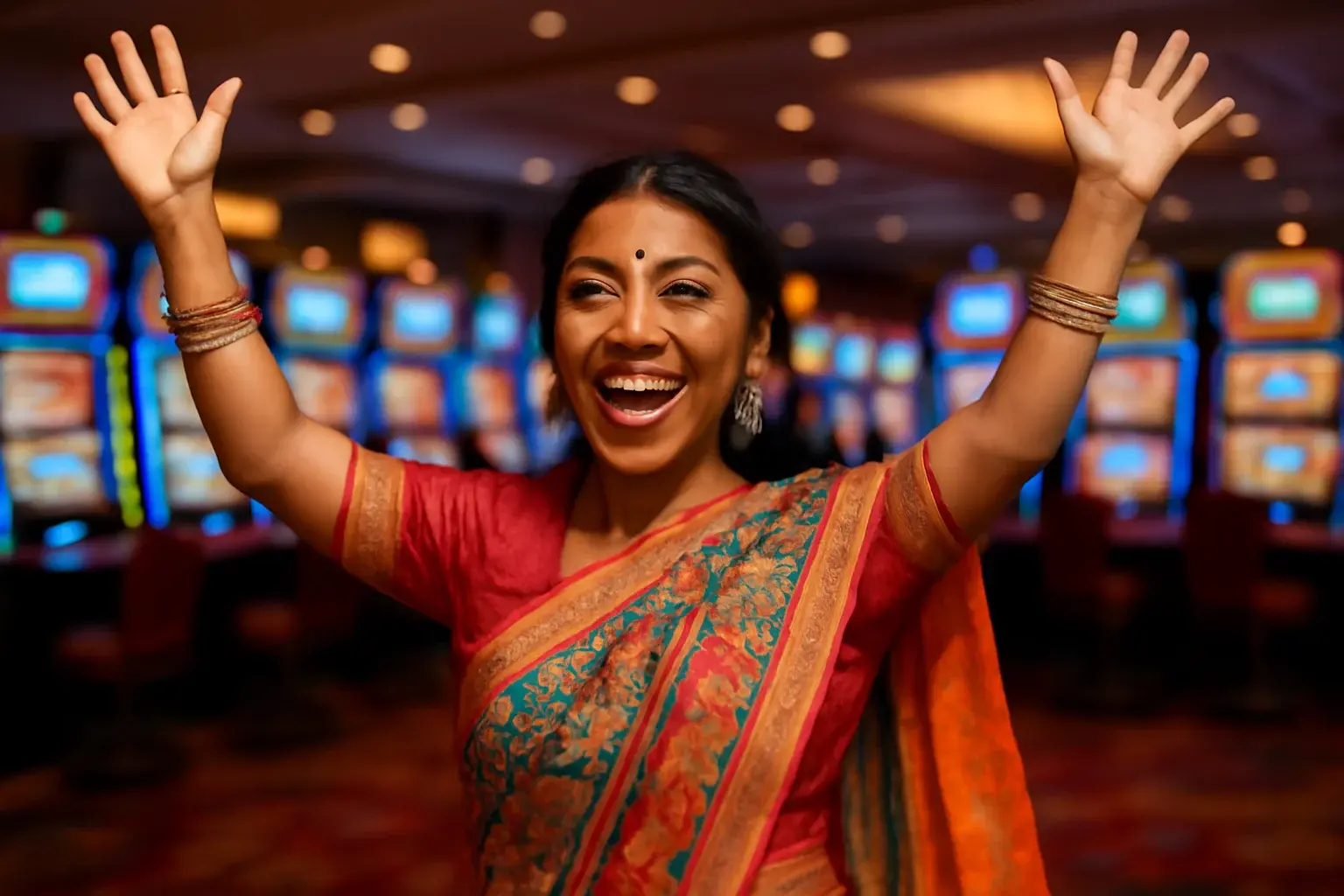 Excited Bangladeshi woman celebrating with raised arms on blurred casino floor